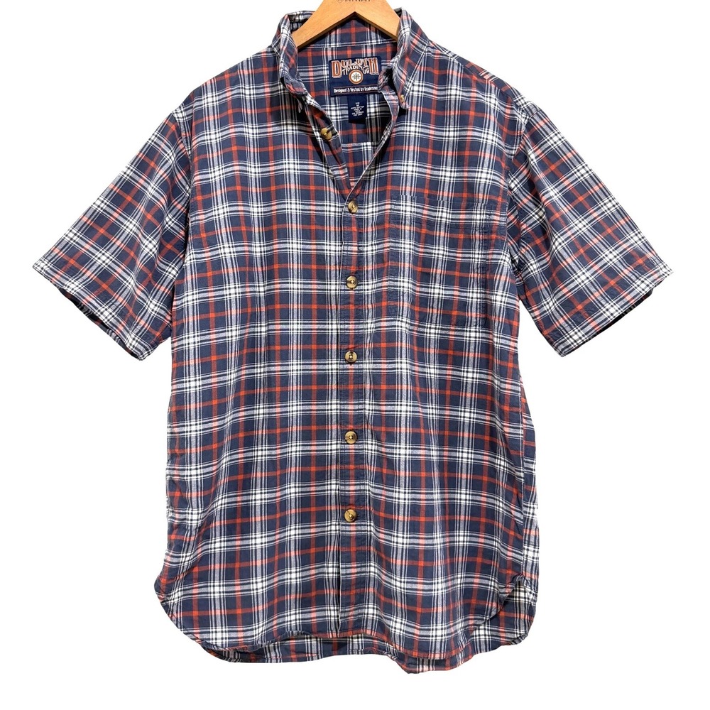 Duluth Trading Co Mens Medium Blue Orange Plaid Short Sleeve Button Down Shirt
